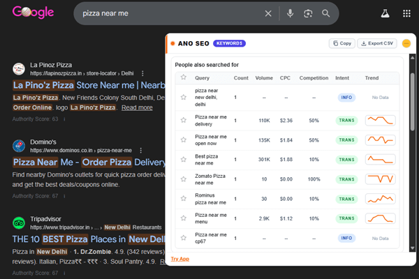 AnoSEO Chrome Extension on Google Search